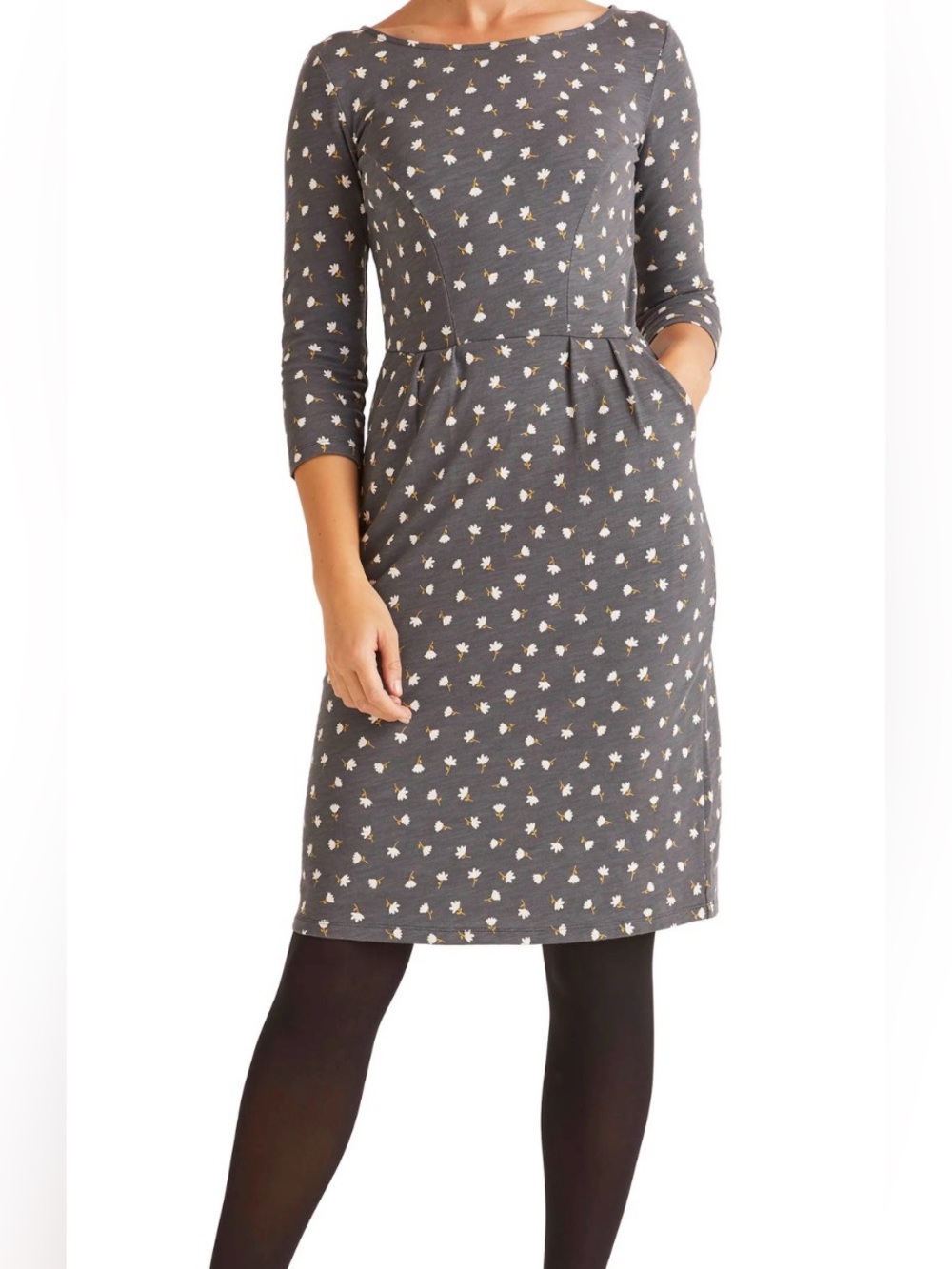 Boden Penny Jersey Dress Women Size 6 Gray White Floral Cotton Knit Pockets 3/4